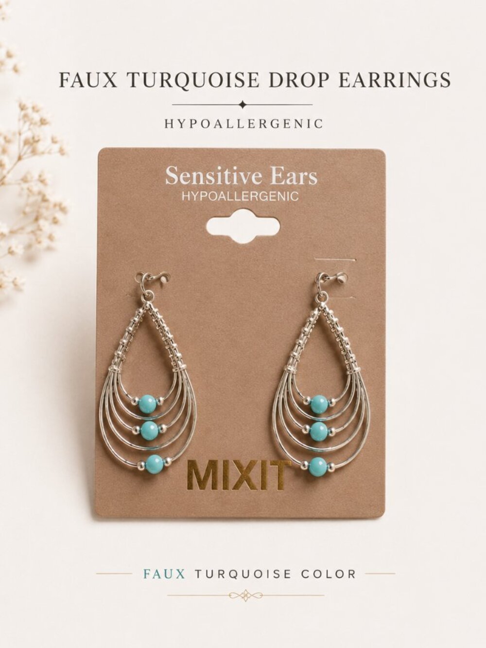 Mix It Faux Turquoise Color Bead Drop Earrings Multi Hoop Dangle Silver Tone